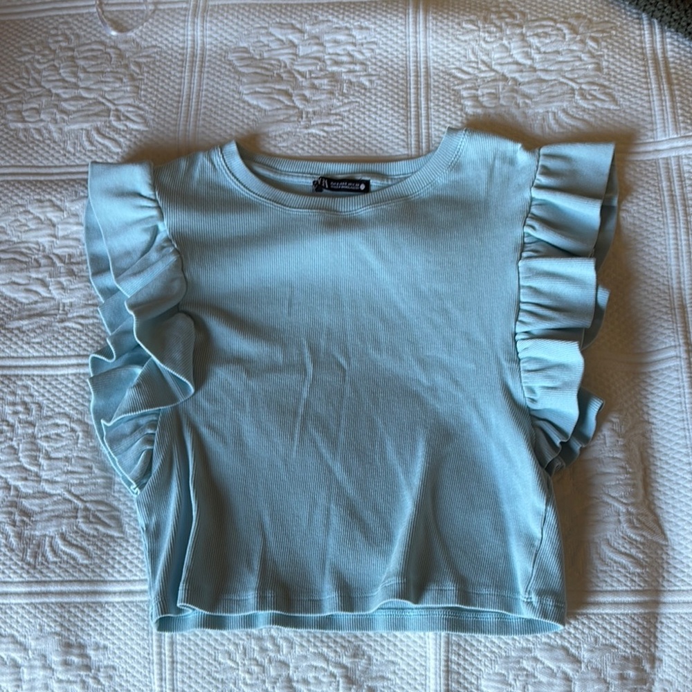 Zara Sky Blue Ruffle Sleeve Crop Top